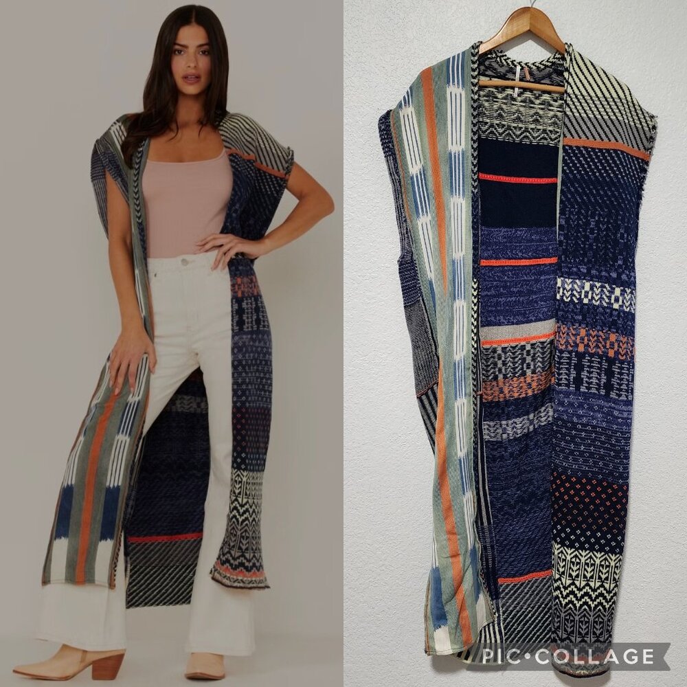 Free People Blue Skies Maxi Vest Oversized Patchwork Multi Print XS Bohemian